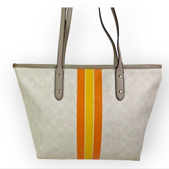 Coach Varsity Stripe City Zip Tote in Signature 38405 Silver/Chalk Orange Bag - Picture 5 of 13